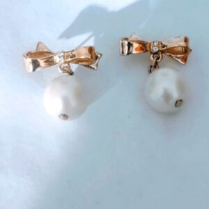Pearl Drop Bow Stud Earrings
